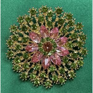 NWOT Gold Tone Green & Pink Rhinestone Glass Flower Floral Brooch Pin Costume
